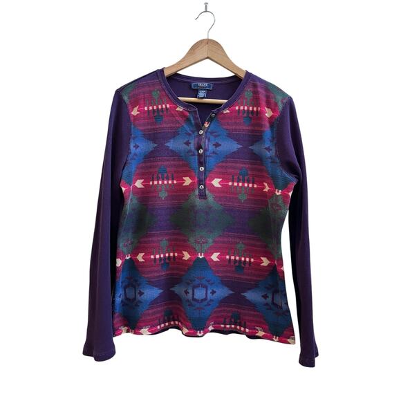 Chaps Denim Multicolor Aztec Southwest Print Waffle Long Sleeve Henley Top XL - Picture 2 of 9